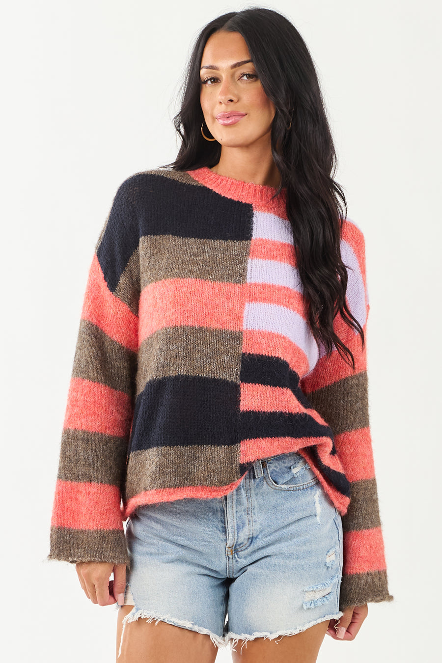 Crimson Colorblock Drop Shoulder Knit Sweater