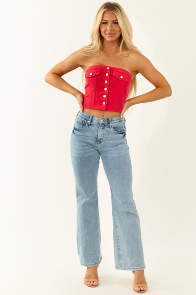 Crimson Denim Strapless Button Up Corset Top