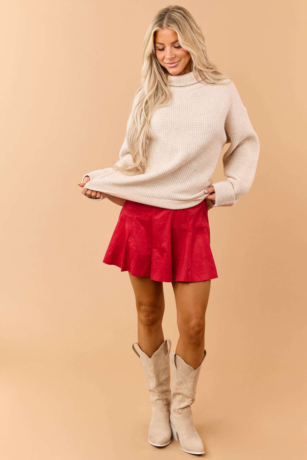 Crimson Faux Suede Pleated Flare Mini Skort