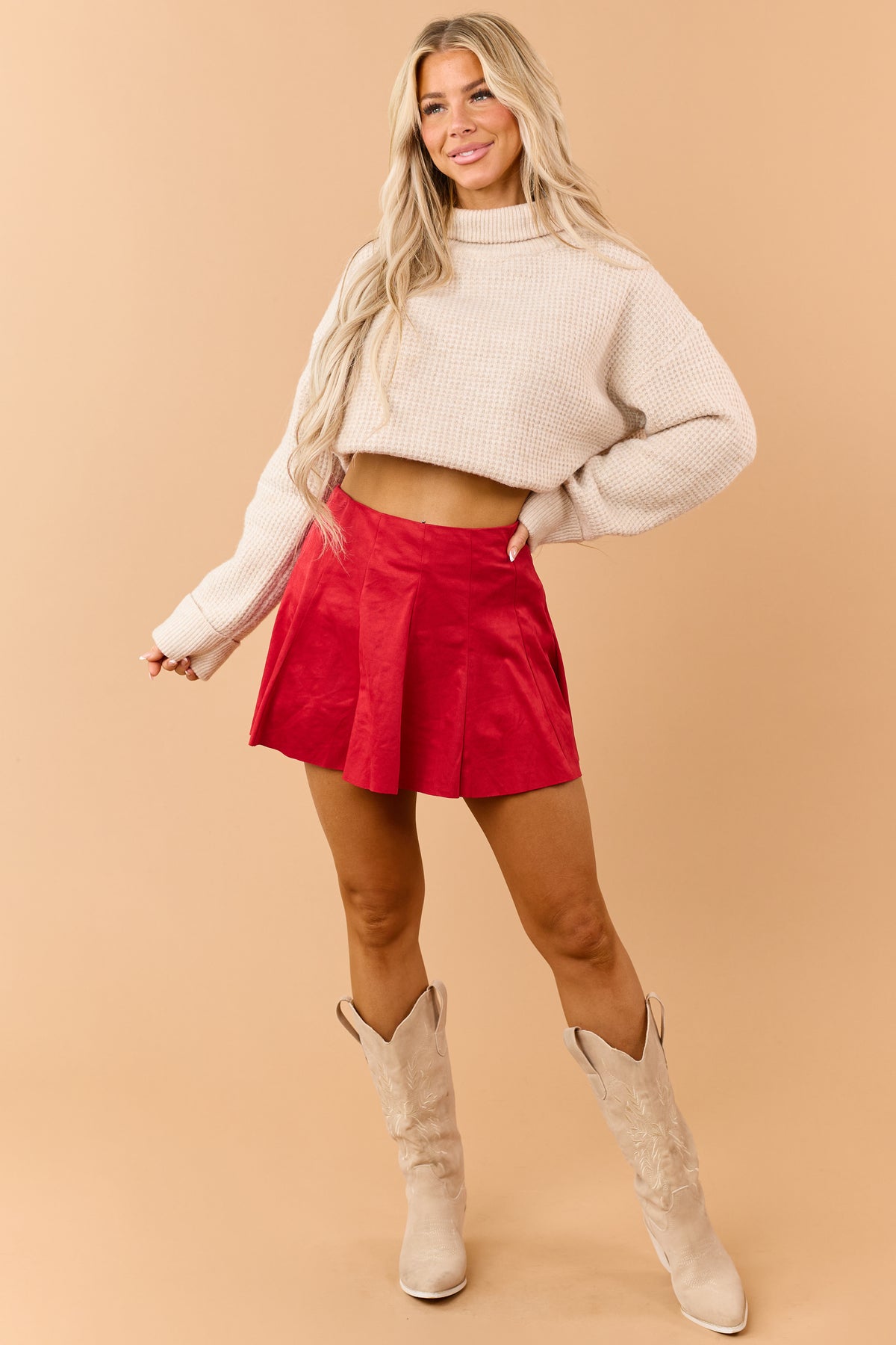 Crimson Faux Suede Pleated Flare Mini Skort