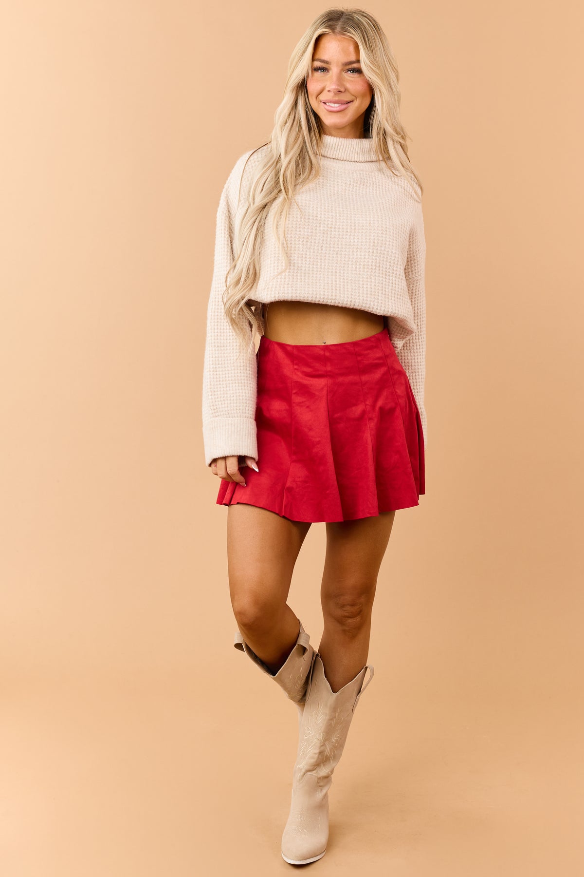 Crimson Faux Suede Pleated Flare Mini Skort