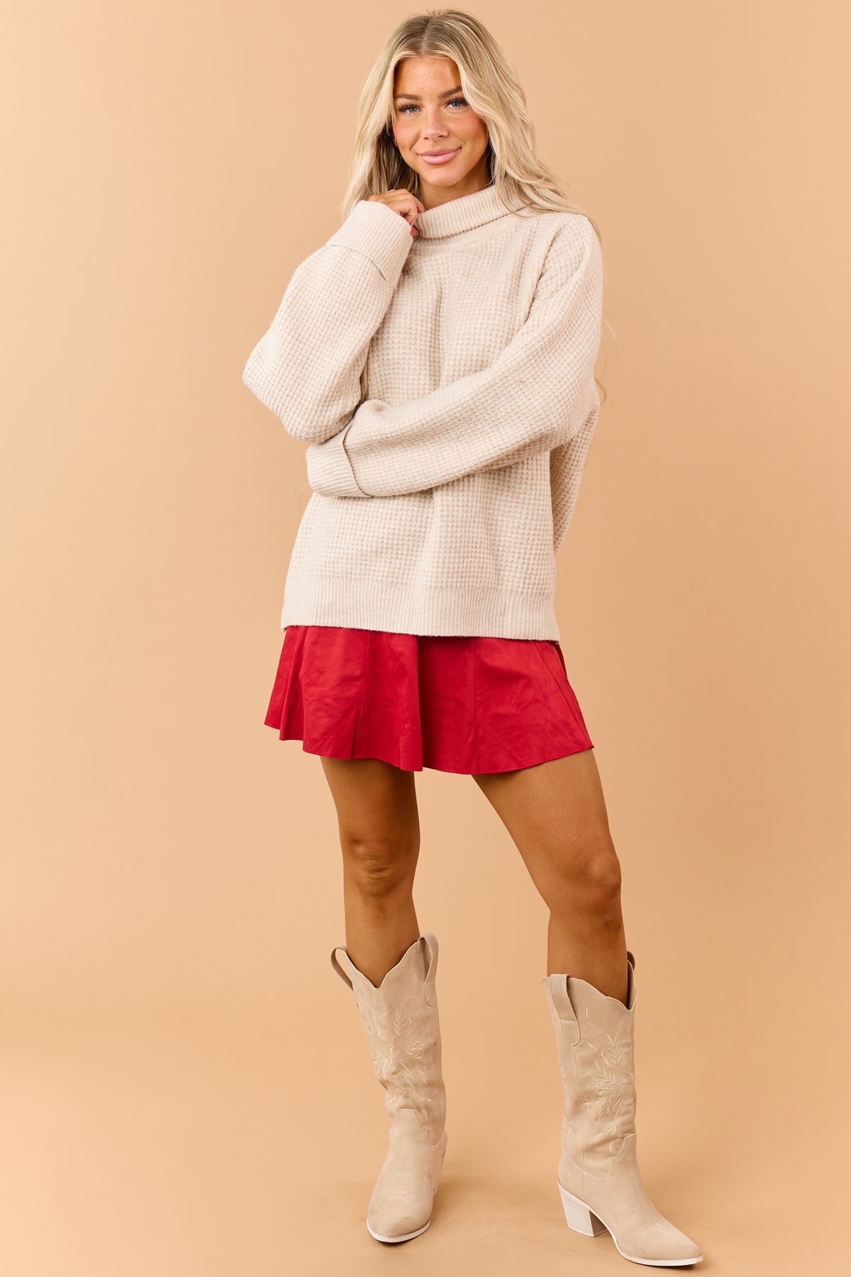Crimson Faux Suede Pleated Flare Mini Skort