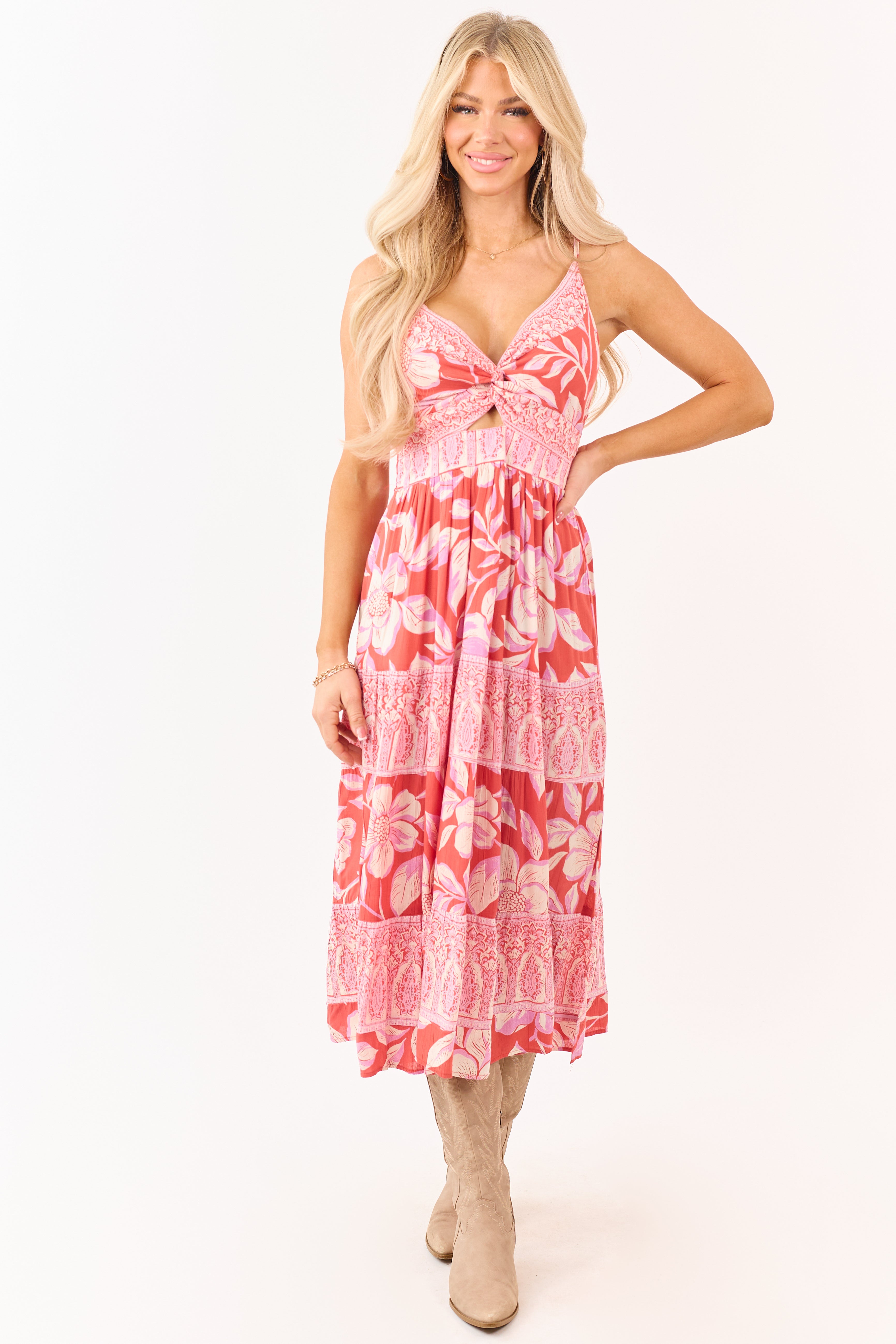 Punch Floral Print Front Twist Tiered Maxi Dress