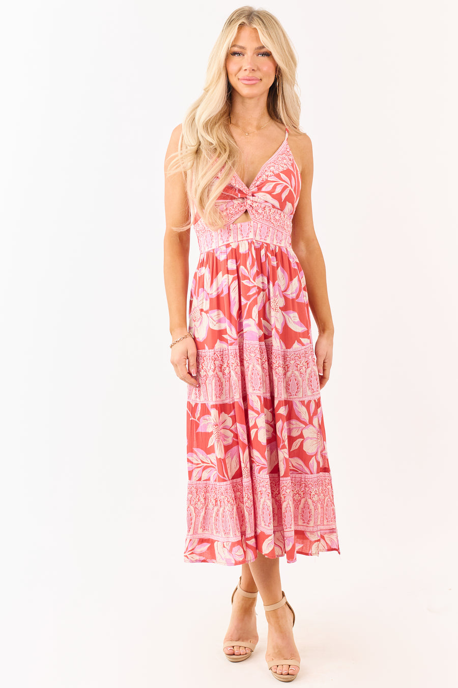 Punch Floral Print Front Twist Tiered Maxi Dress