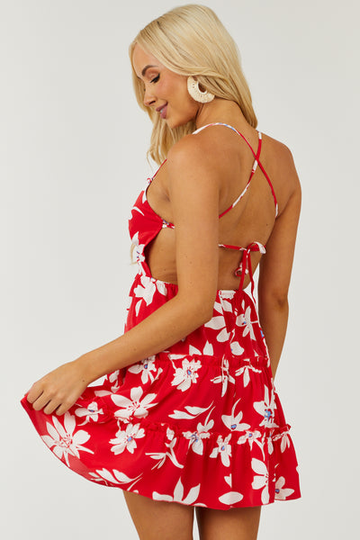 Crimson Floral Strappy Open Back Tiered Mini Dress