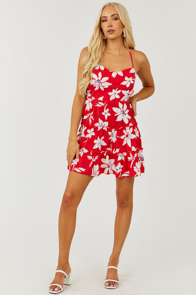 Crimson Floral Strappy Open Back Tiered Mini Dress