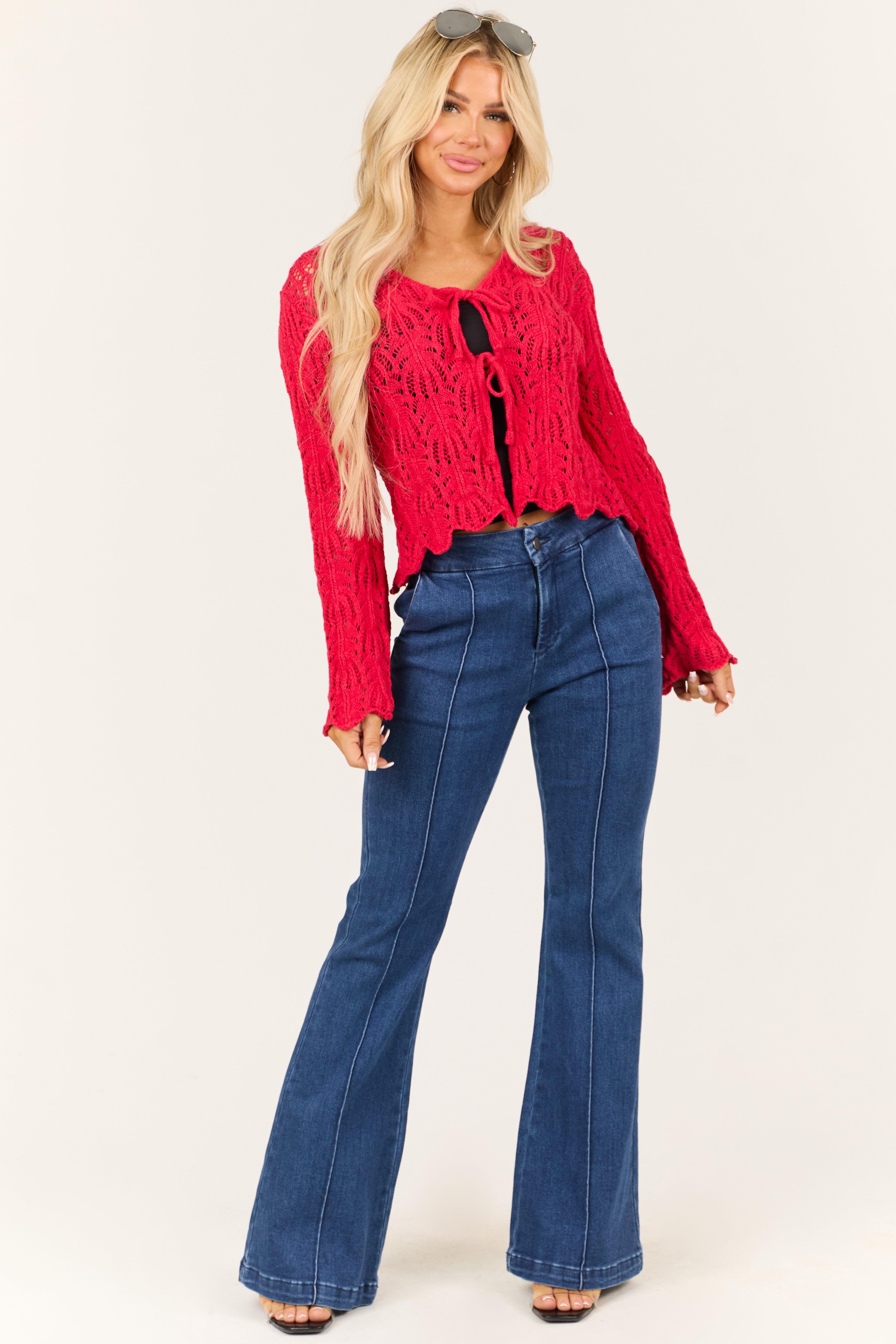 Crimson Front Tie Flare Long Sleeve Cardigan | Lime Lush Boutique