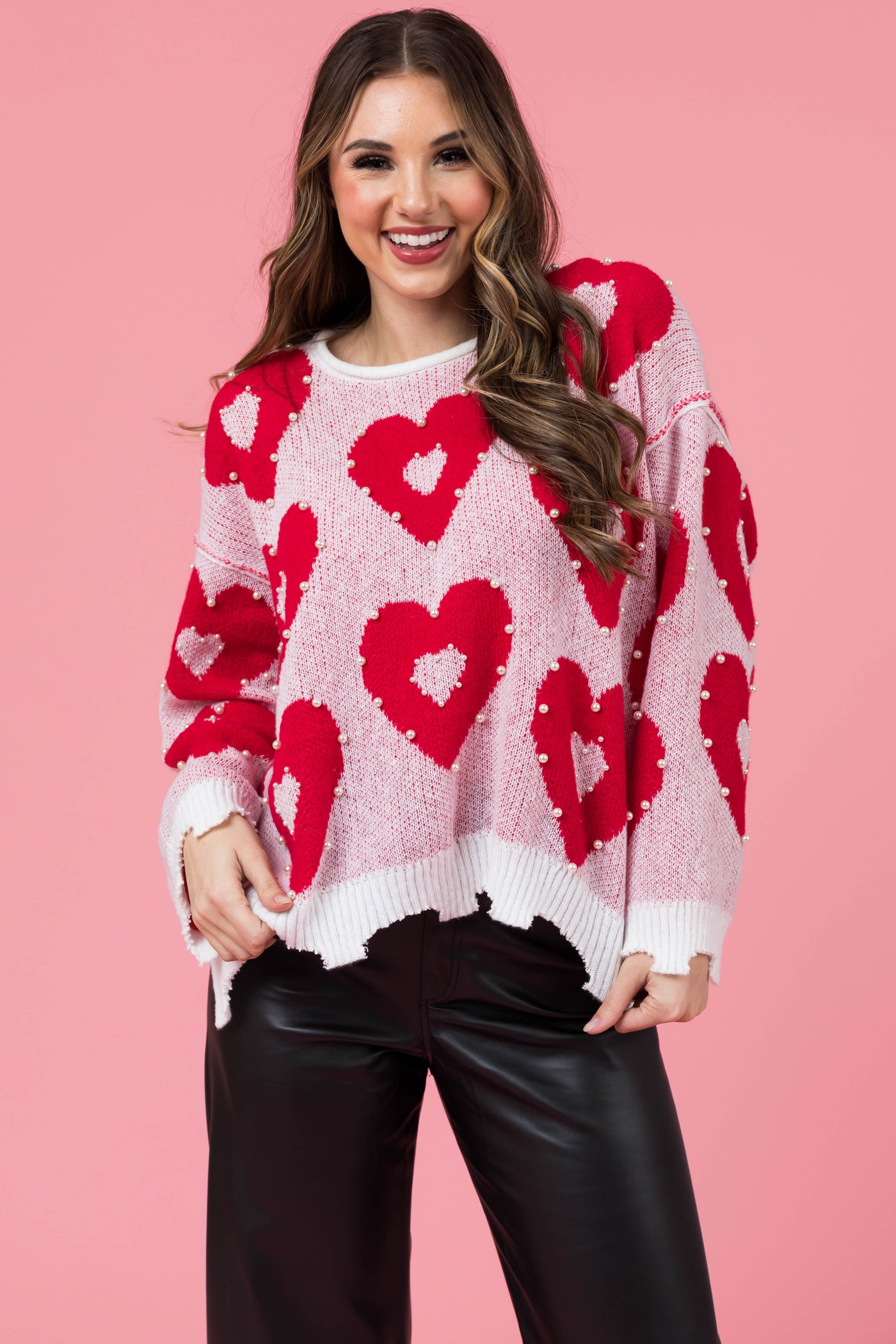 Crimson Heart Pattern with Pearl Detail Sweater