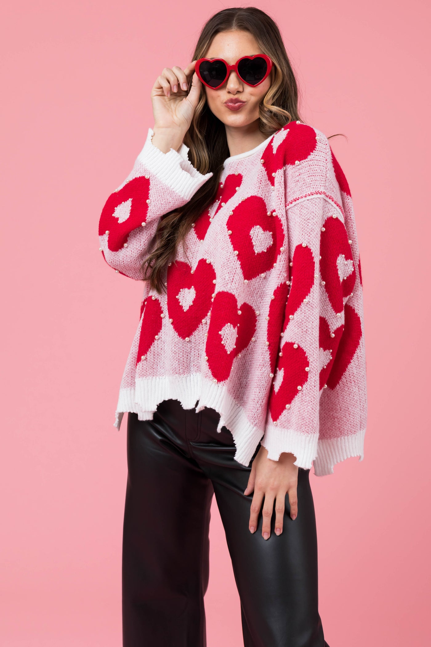 Crimson Heart Pattern with Pearl Detail Sweater