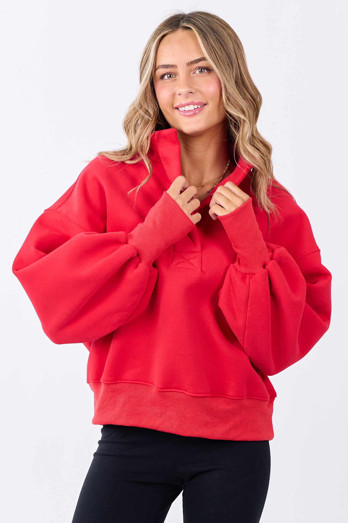 Crimson High Button Collar Pullover Sweatshirt