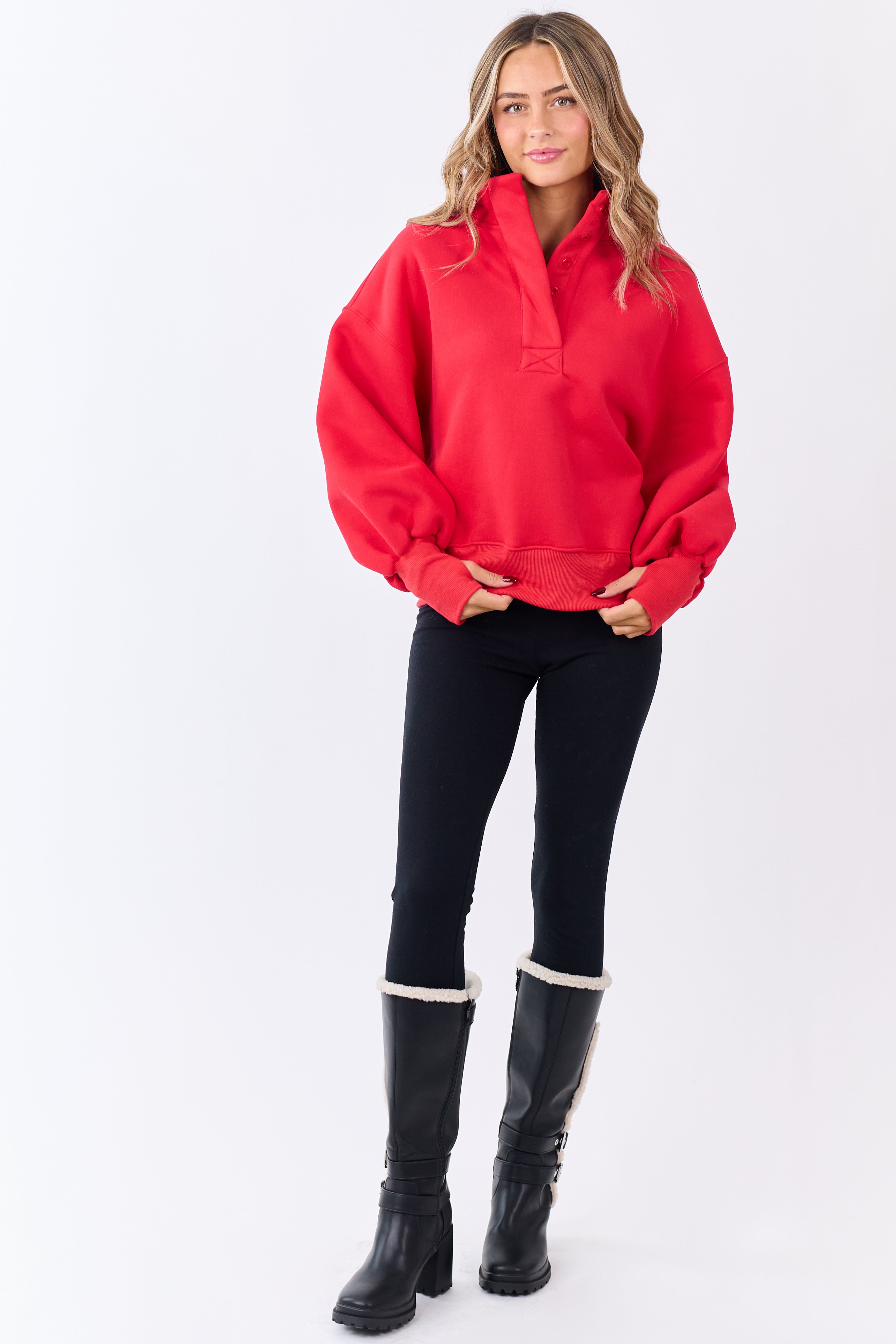 Crimson High Button Collar Pullover Sweatshirt