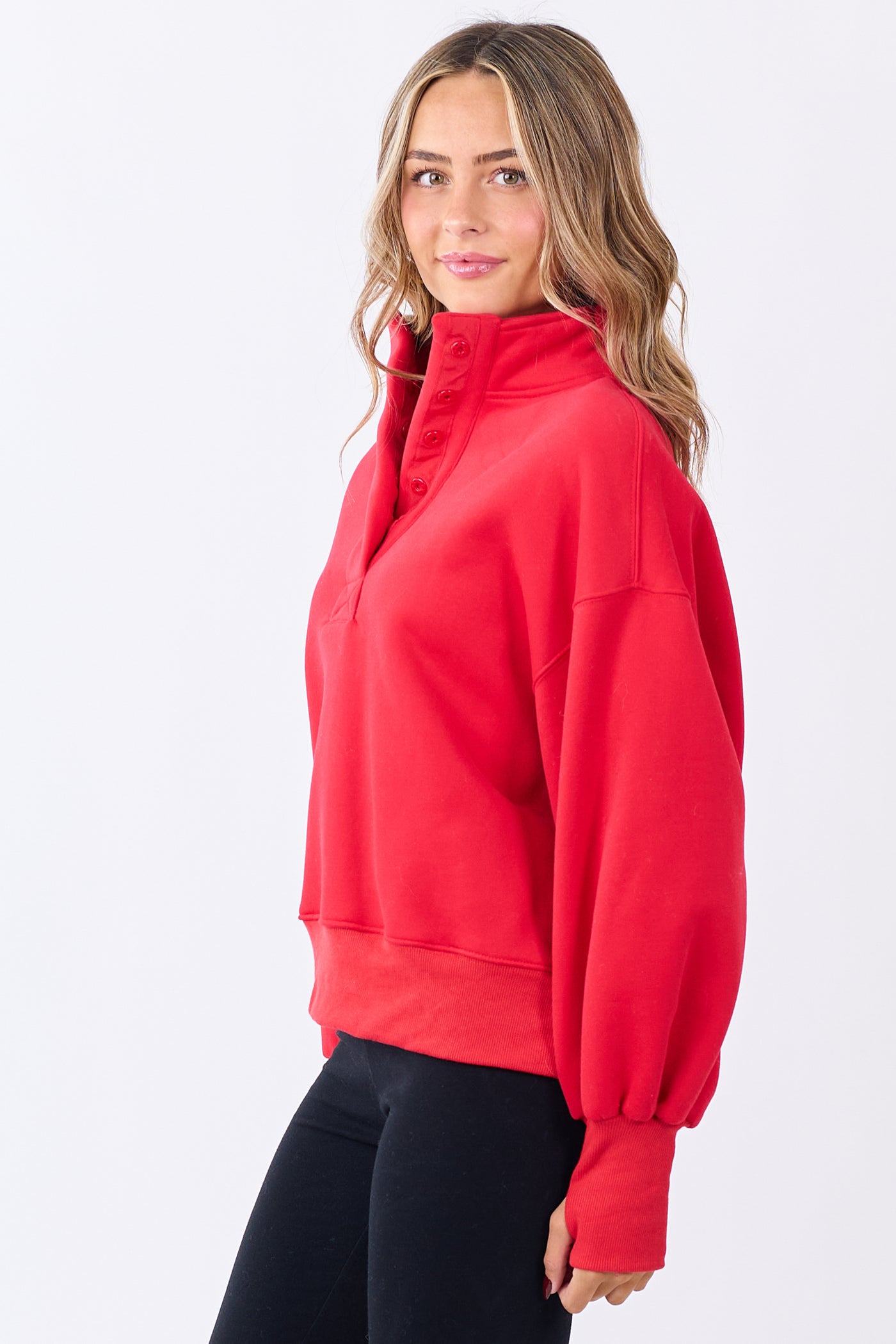 Crimson High Button Collar Pullover Sweatshirt