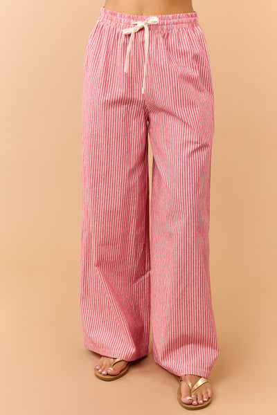 Crimson Pinstriped Wide Leg Drawstring Cotton Pants