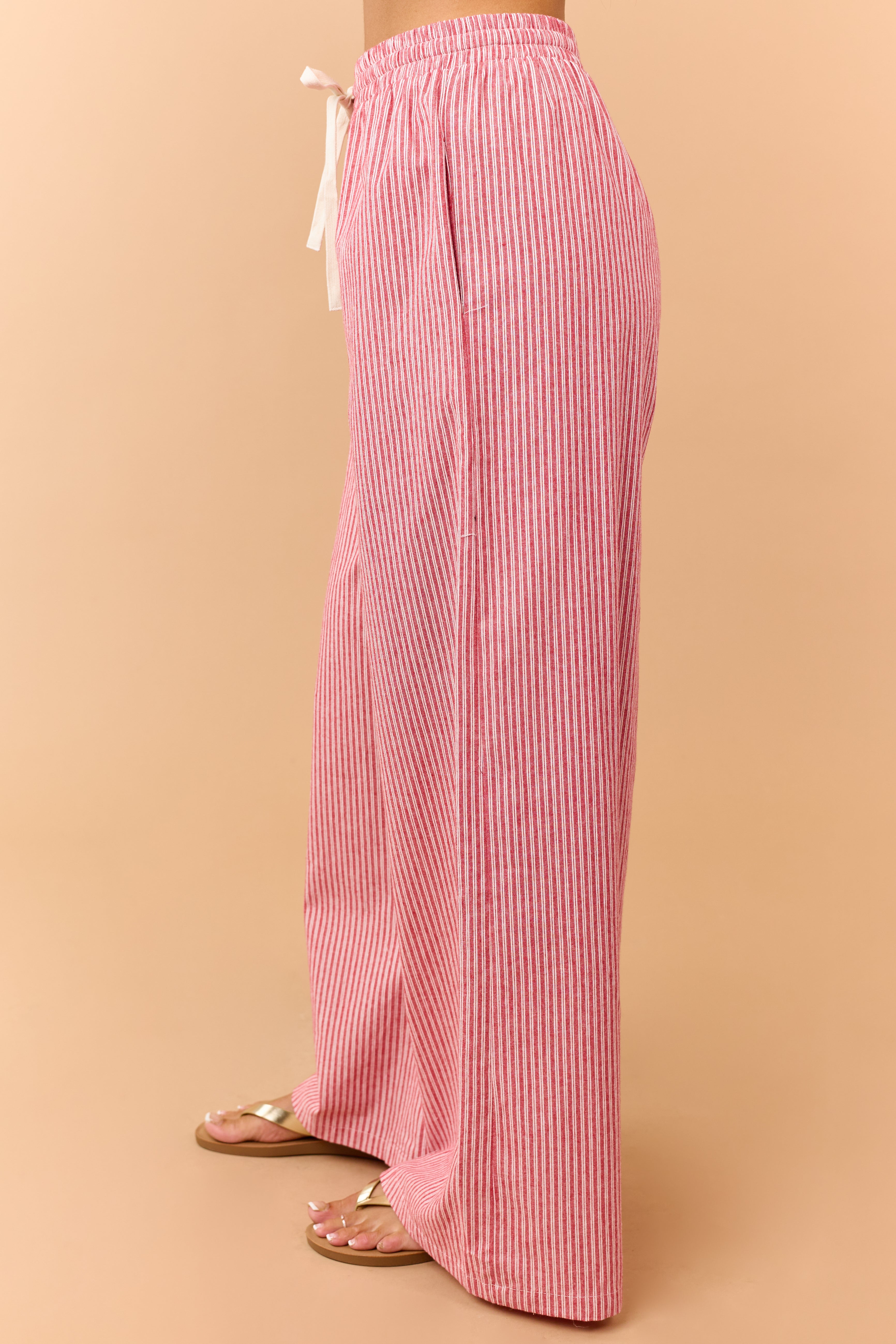 Crimson Pinstriped Wide Leg Drawstring Cotton Pants