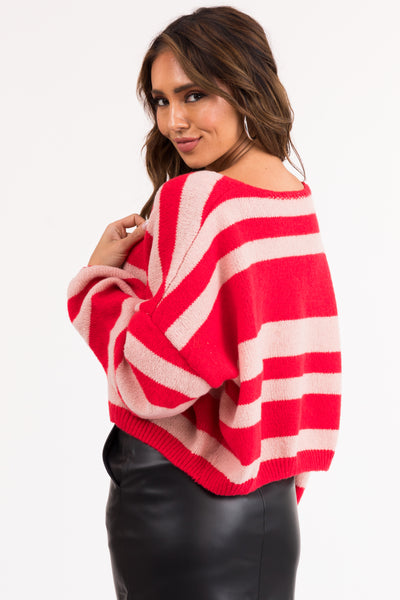 Crimson Red Striped Open Front Knit Cardigan
