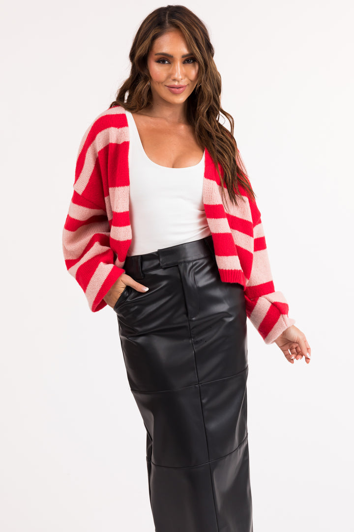 Crimson Red Striped Open Front Knit Cardigan