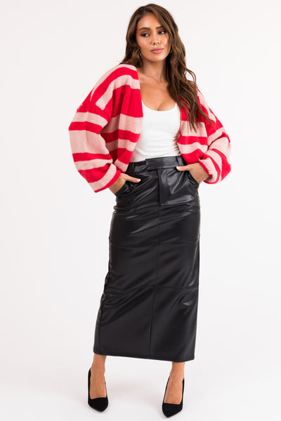 Crimson Red Striped Open Front Knit Cardigan