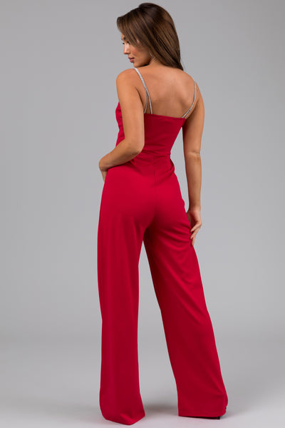 Crimson Rhinestone Strap Keyhole Waist Jumpsuit