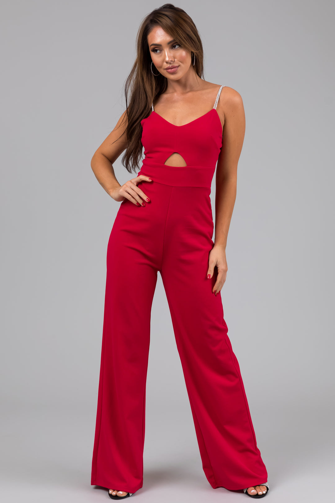 Crimson Rhinestone Strap Keyhole Waist Jumpsuit & Lime Lush