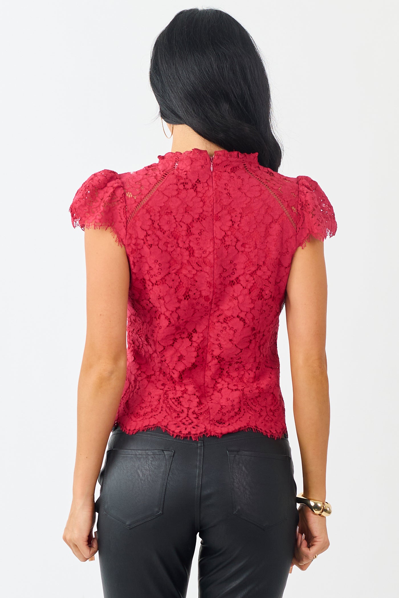 Crimson Short Puff Sleeve Scallop Hem Lace Top