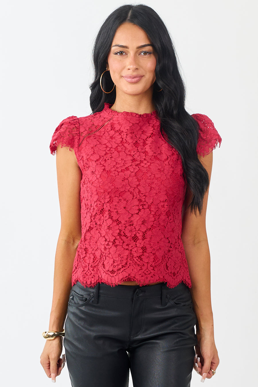Crimson Short Puff Sleeve Scallop Hem Lace Top