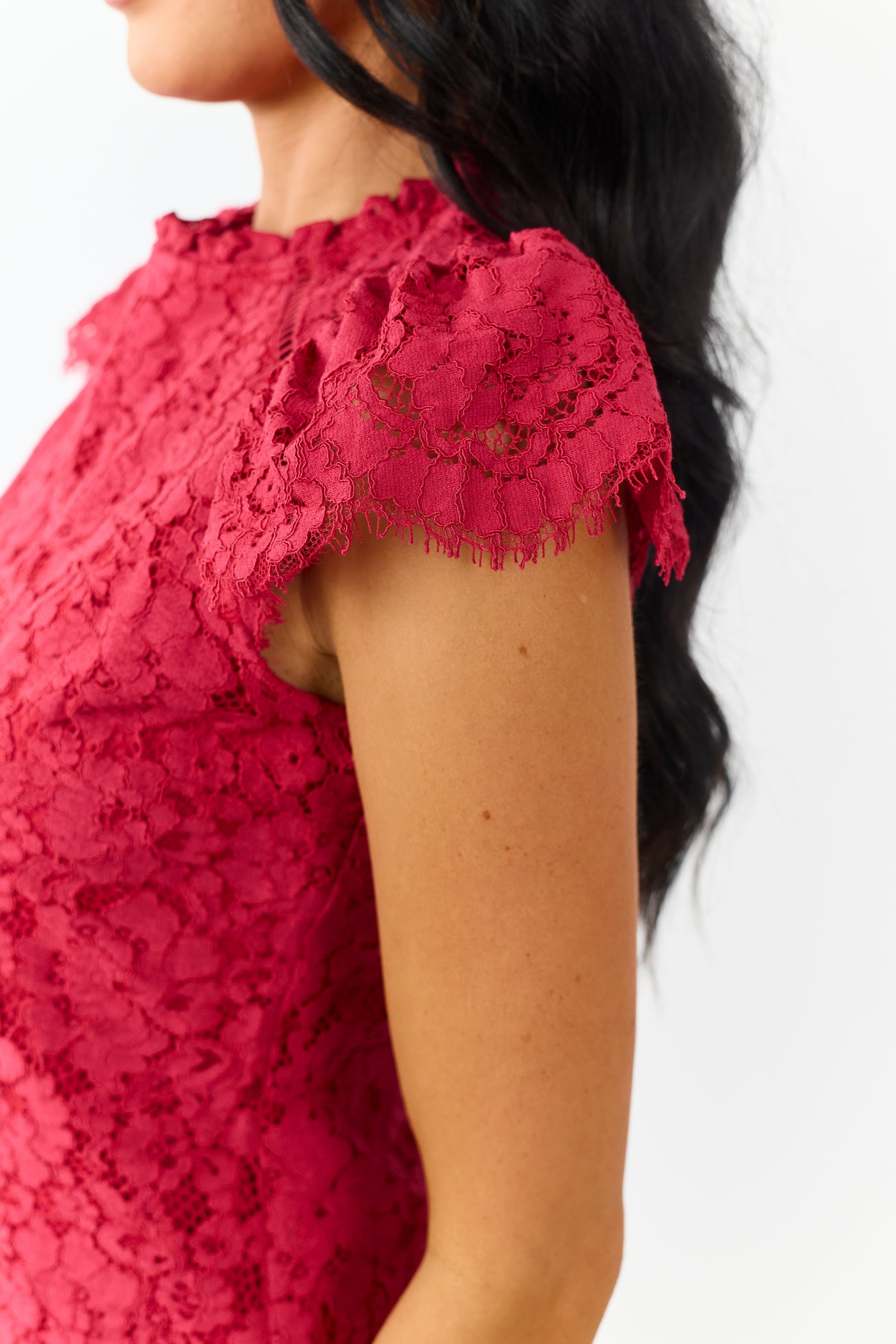 Crimson Short Puff Sleeve Scallop Hem Lace Top