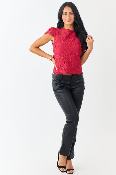 Crimson Short Puff Sleeve Scallop Hem Lace Top