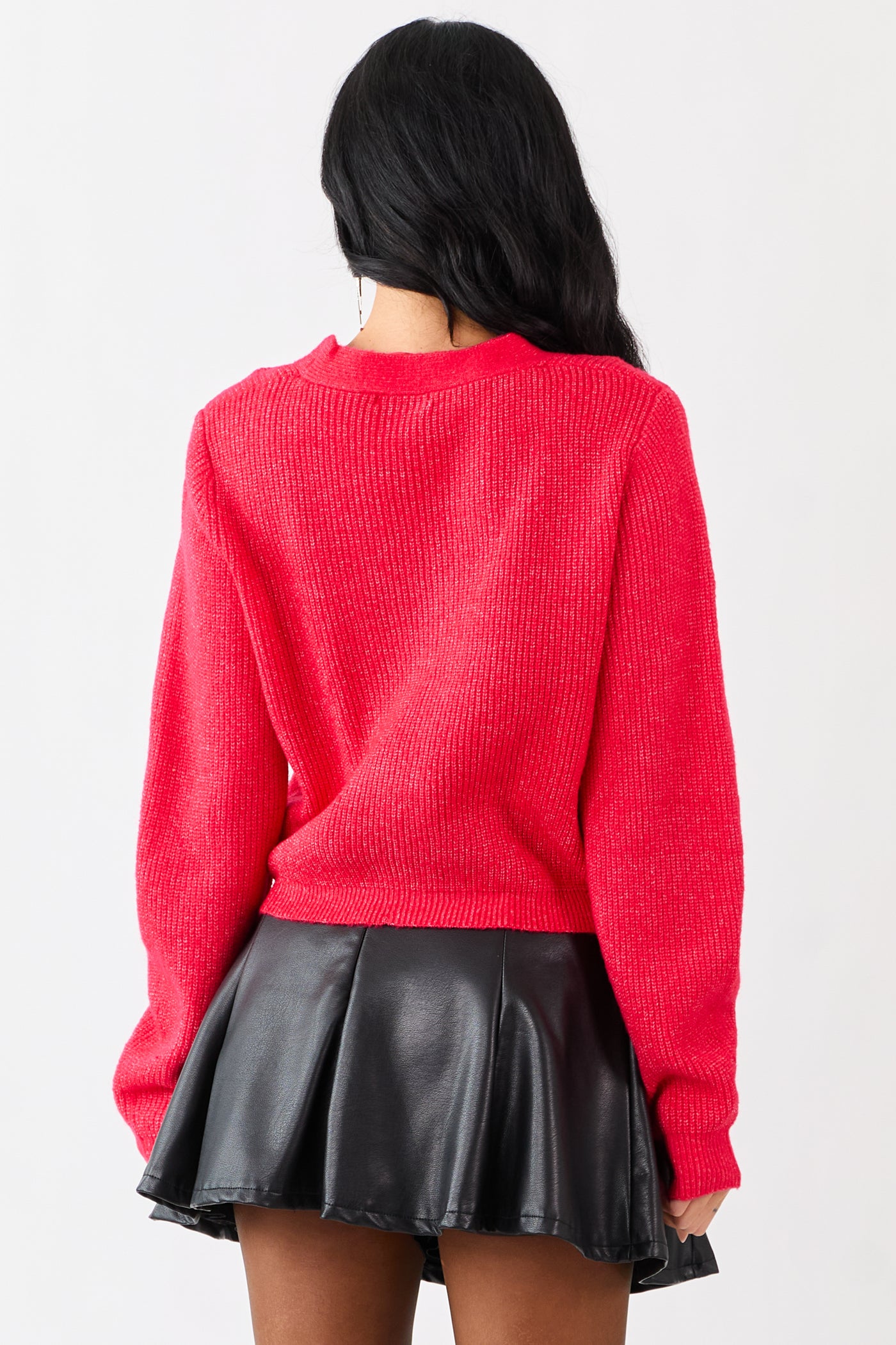 Crimson Sparkly Bow Button Down Rib Knit Cardigan