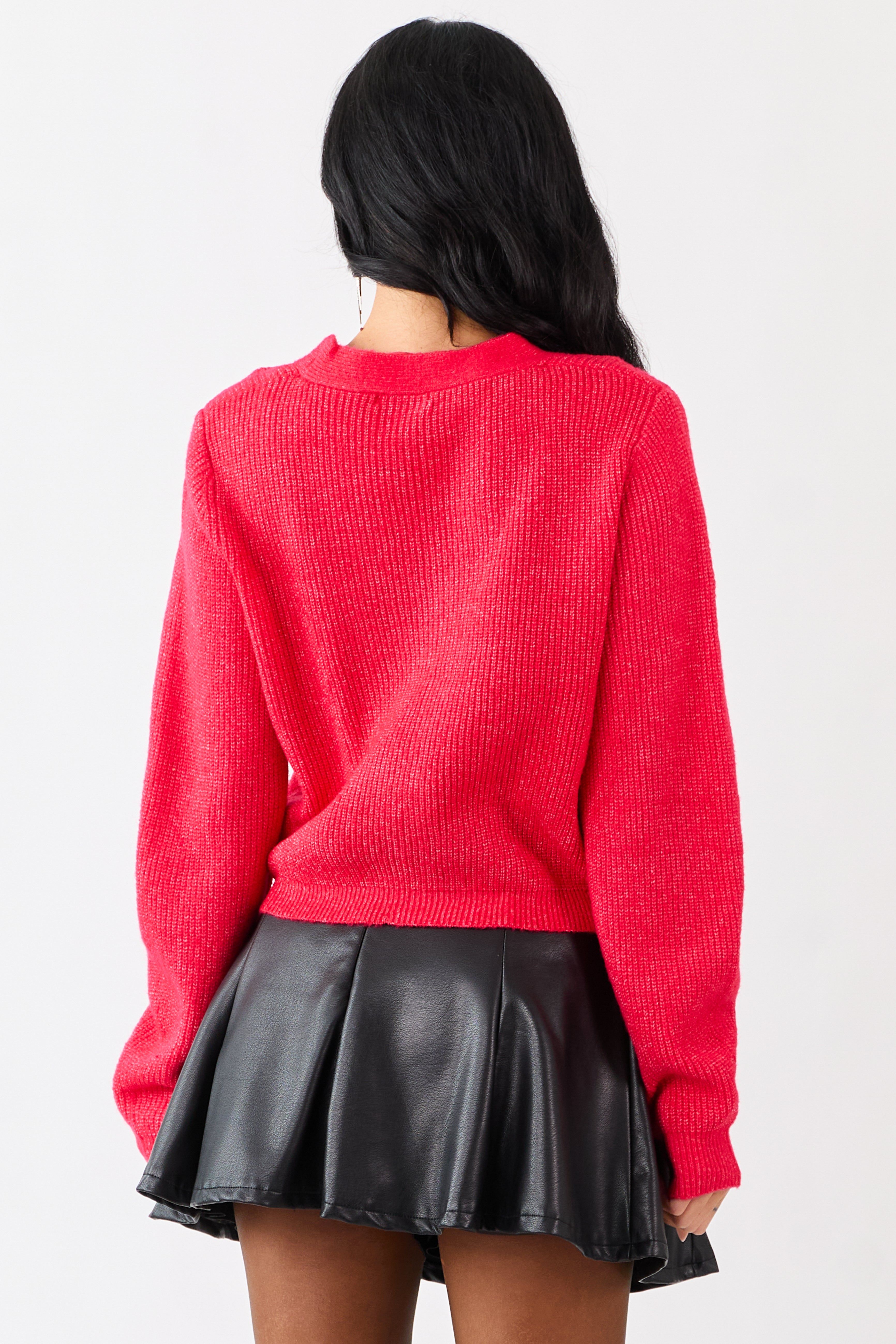 Crimson Sparkly Bow Button Down Rib Knit Cardigan