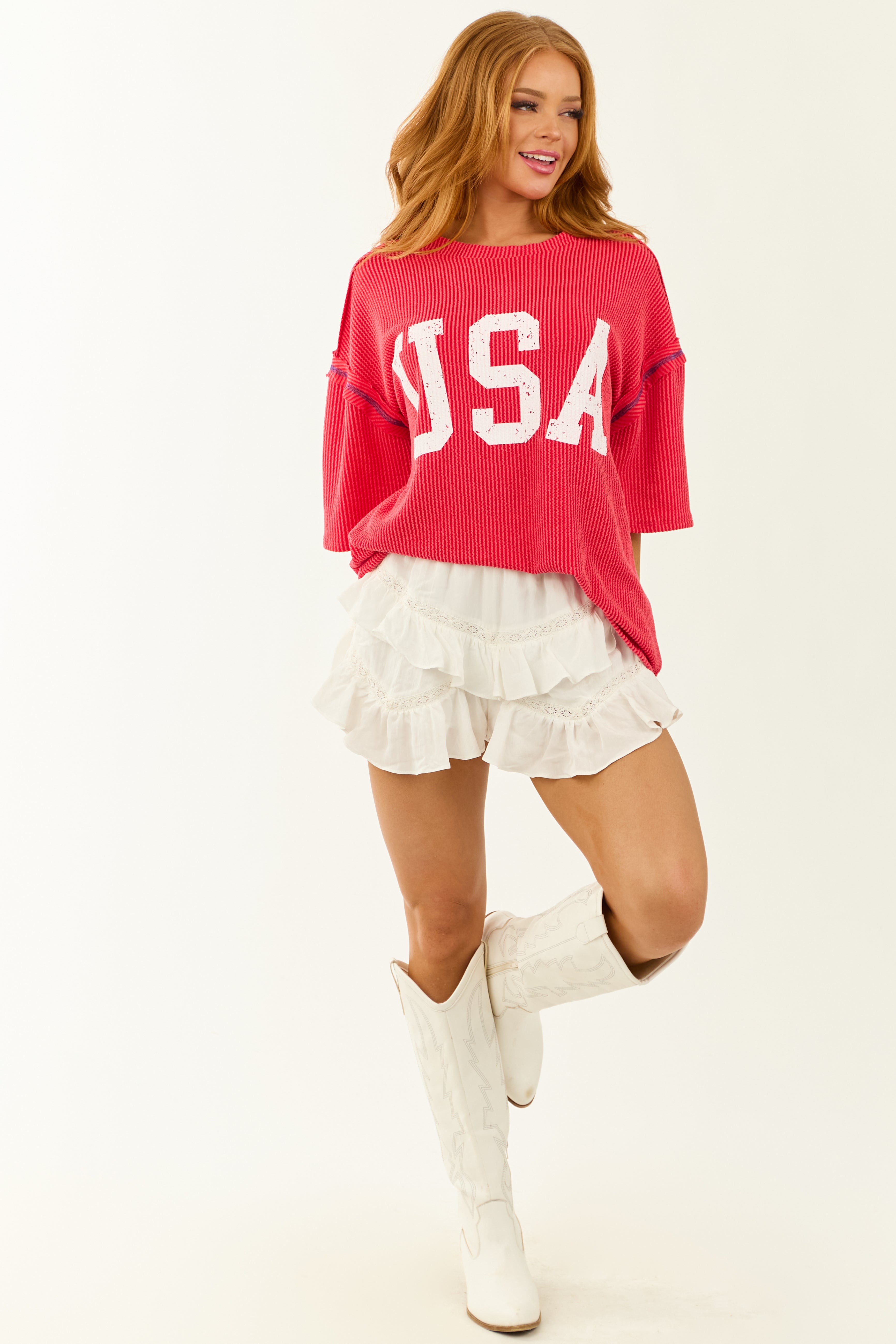 Crimson 'USA' Graphic Soft Knit Half Sleeve Boxy Tee