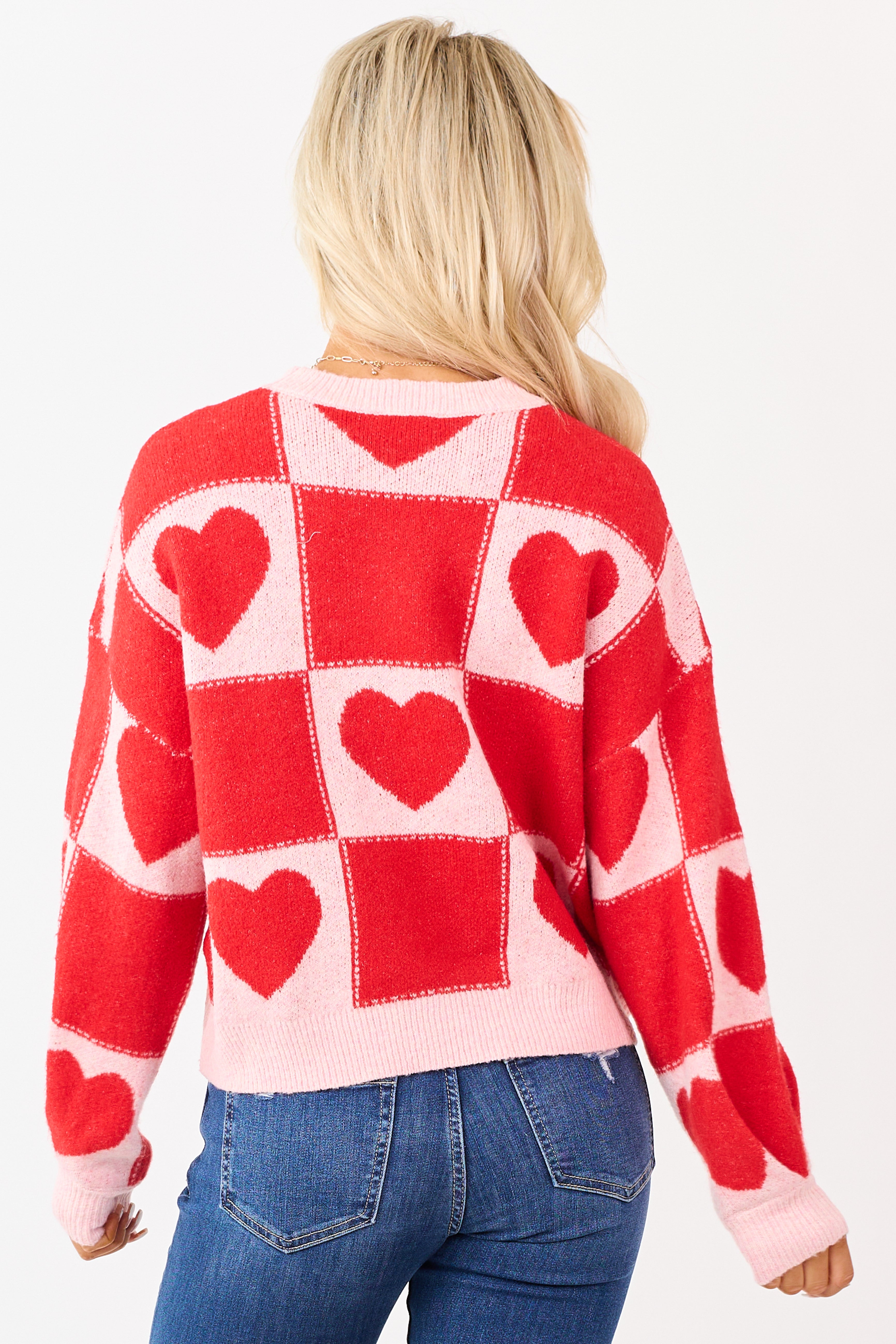 Crimson and Blush Checkered Heart Knit Sweater