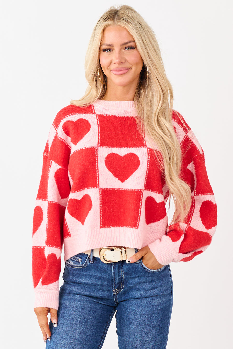 Crimson and Blush Checkered Heart Knit Sweater