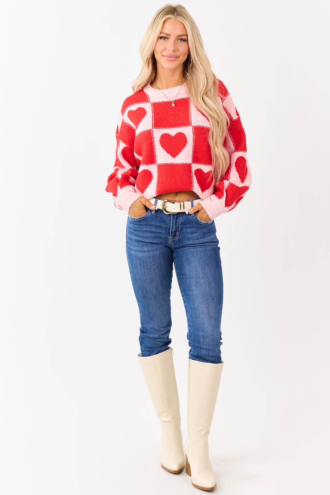 Crimson and Blush Checkered Heart Knit Sweater
