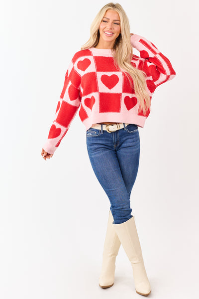 Crimson and Blush Checkered Heart Knit Sweater