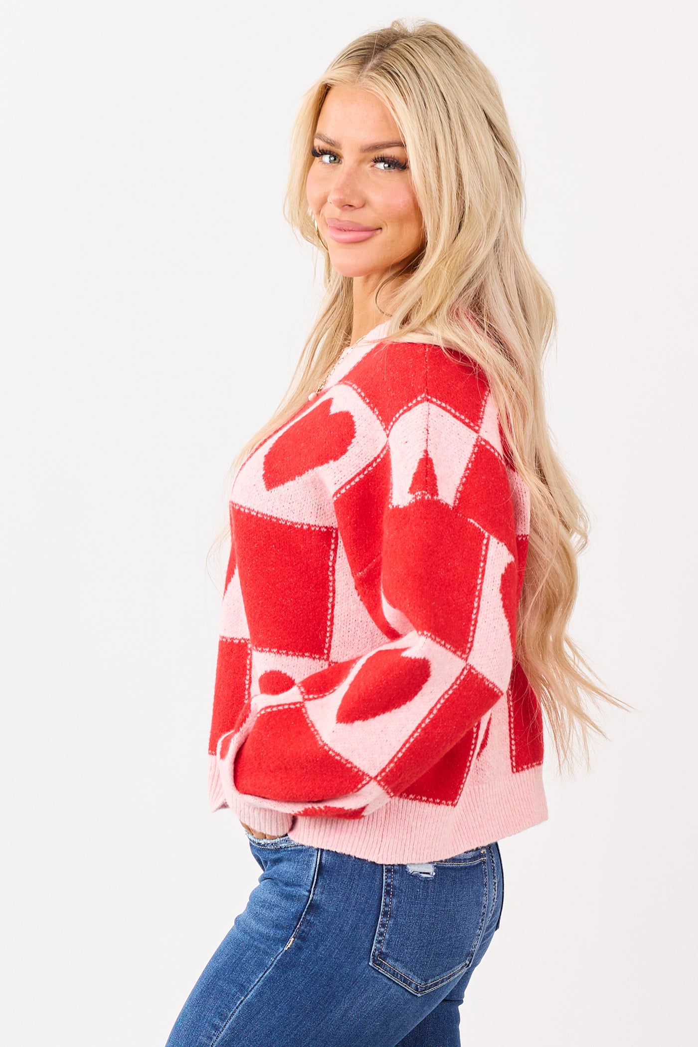 Crimson and Blush Checkered Heart Knit Sweater