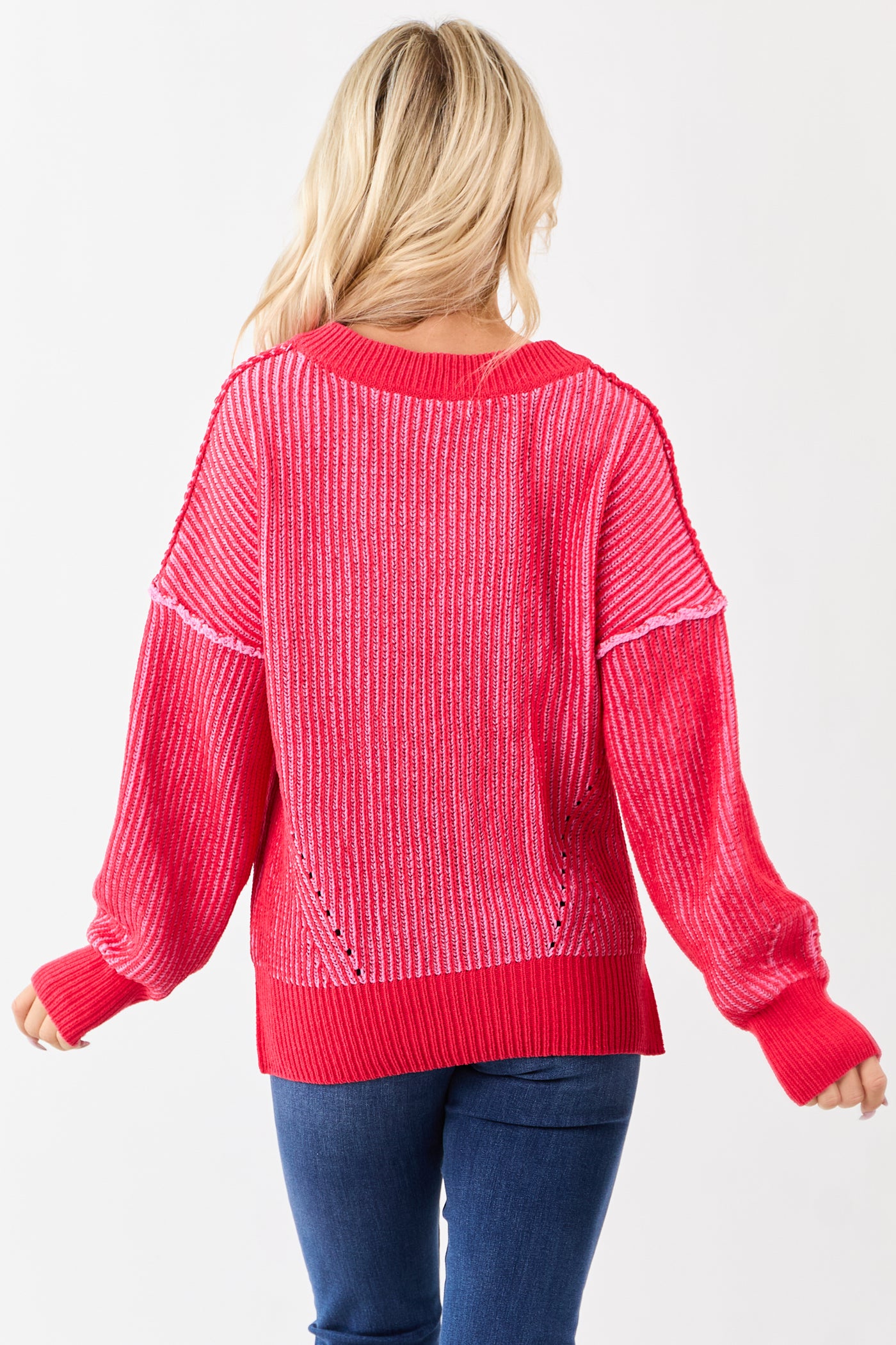 Crimson and Carnation Two Tone Ribbed Knit Sweater