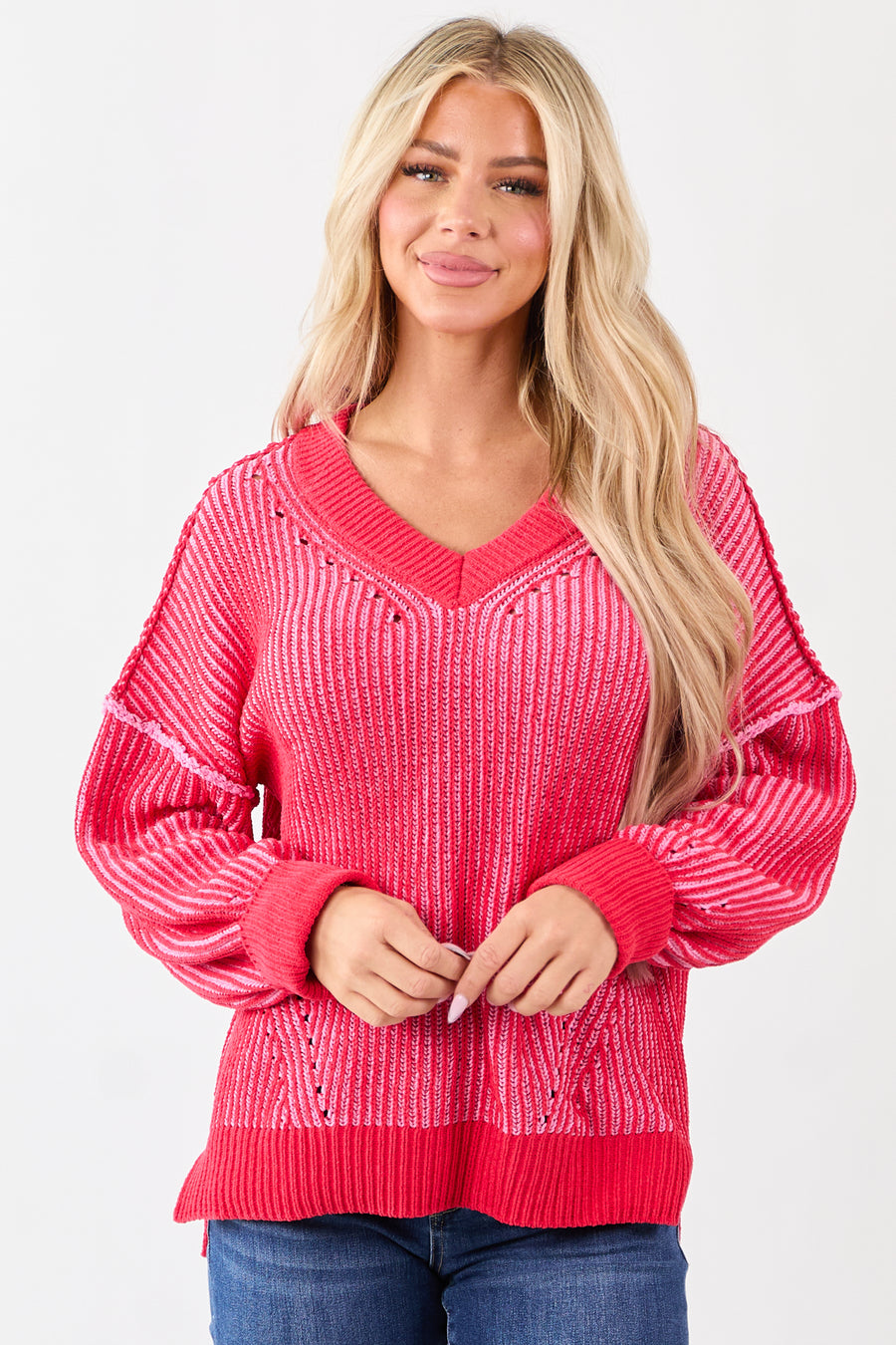 Crimson and Carnation Two Tone Ribbed Knit Sweater