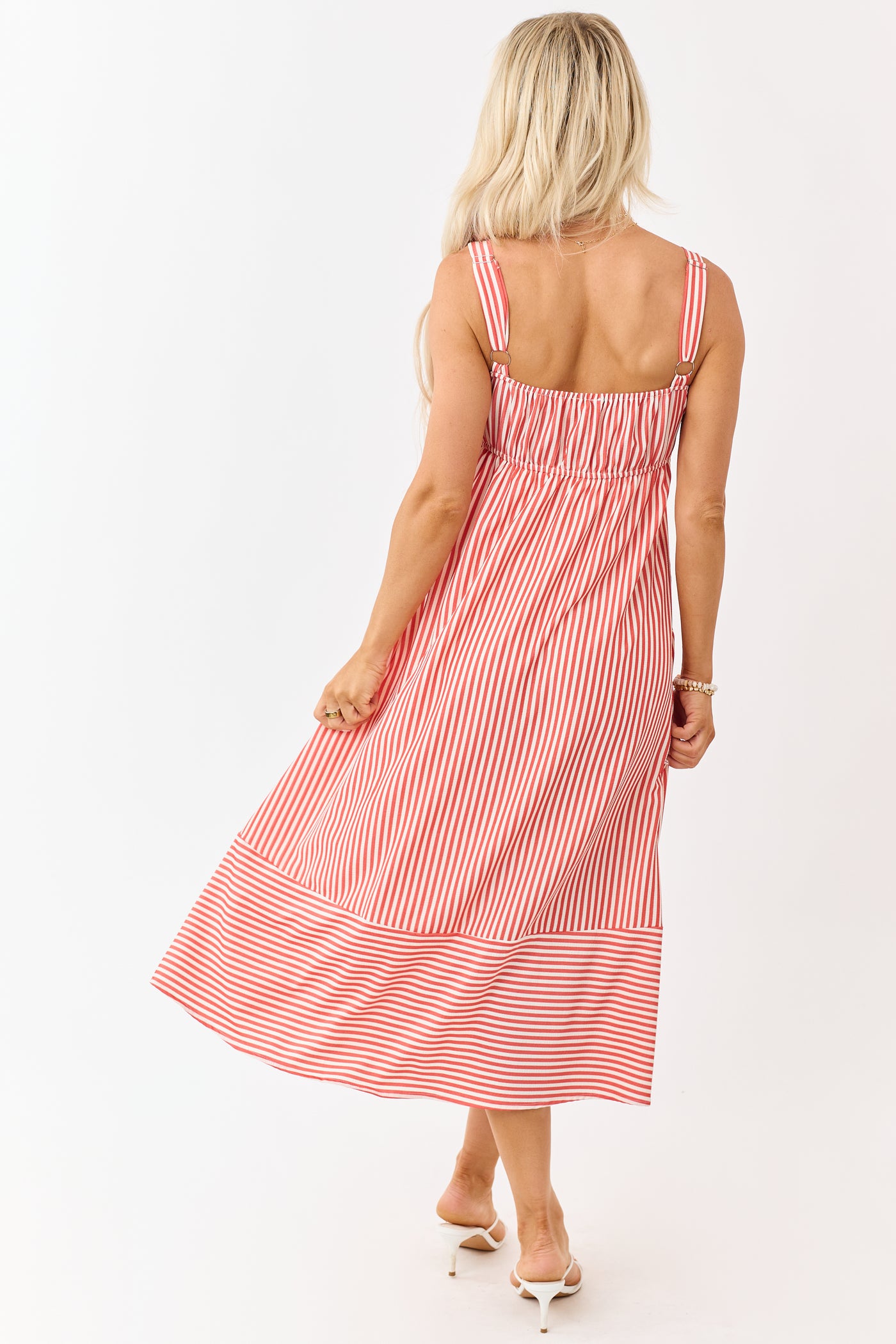 Crimson and Cream Striped Button Detail Midi Dress