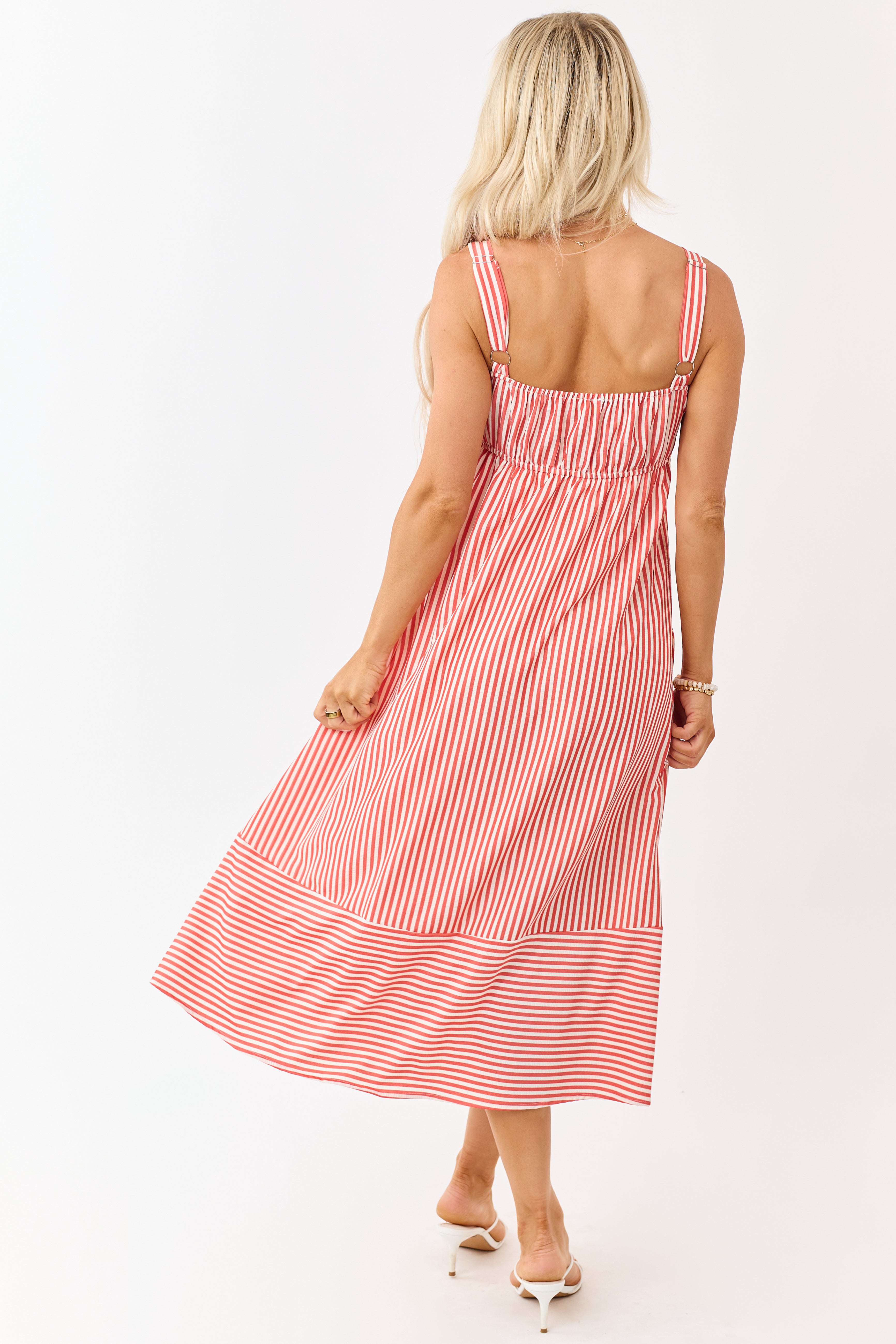 Crimson and Cream Striped Button Detail Midi Dress