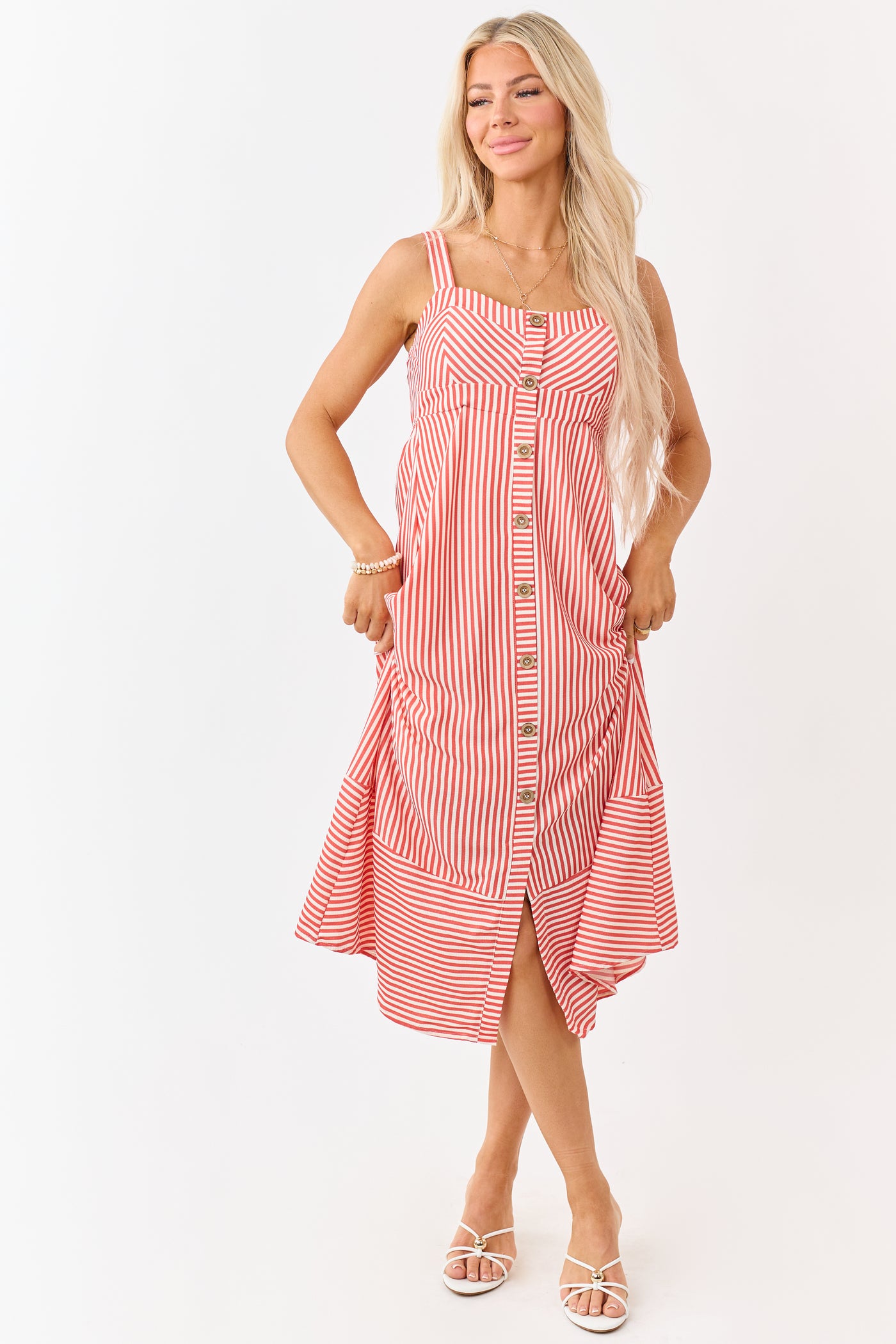 Crimson and Cream Striped Button Detail Midi Dress