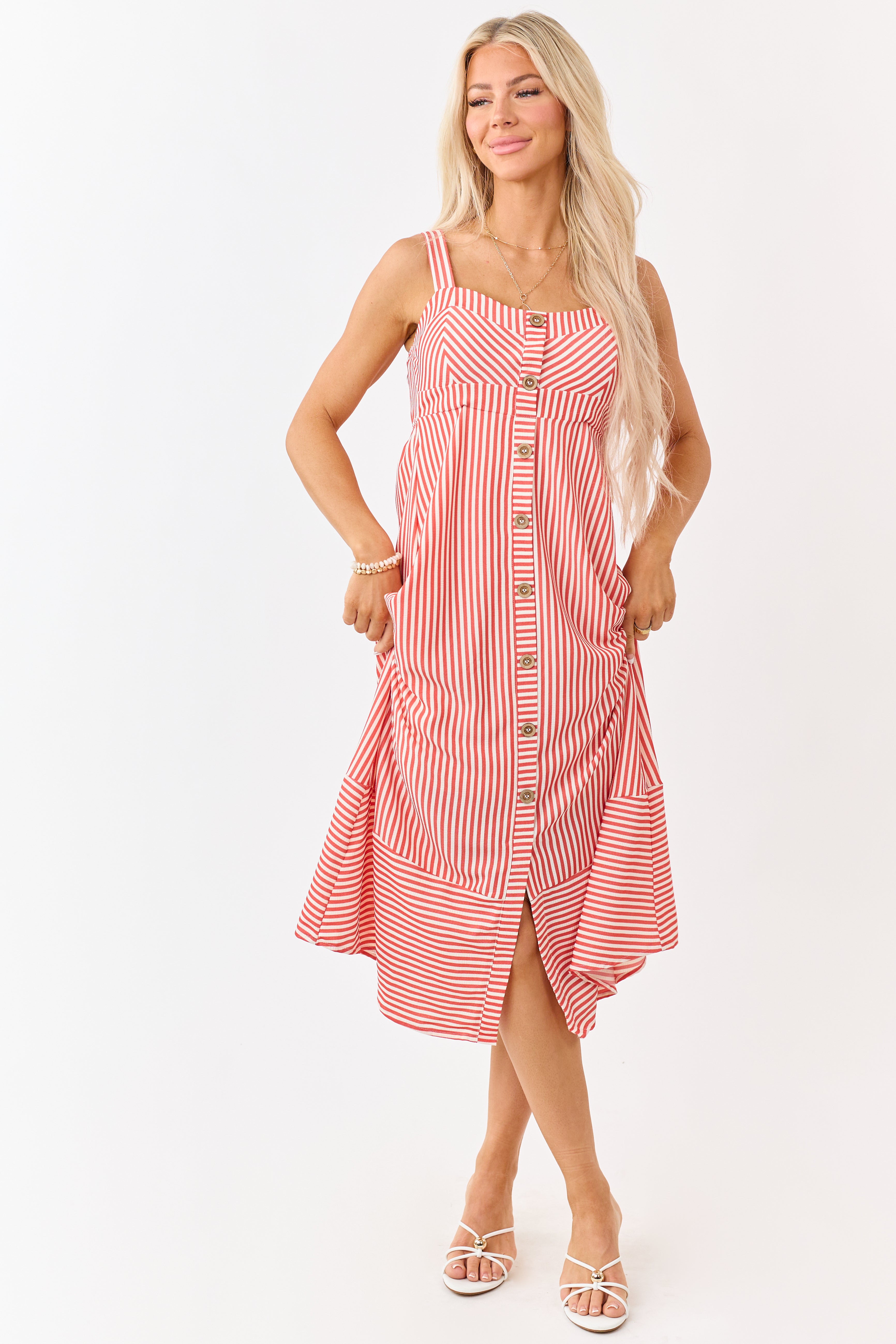 Crimson and Cream Striped Button Detail Midi Dress
