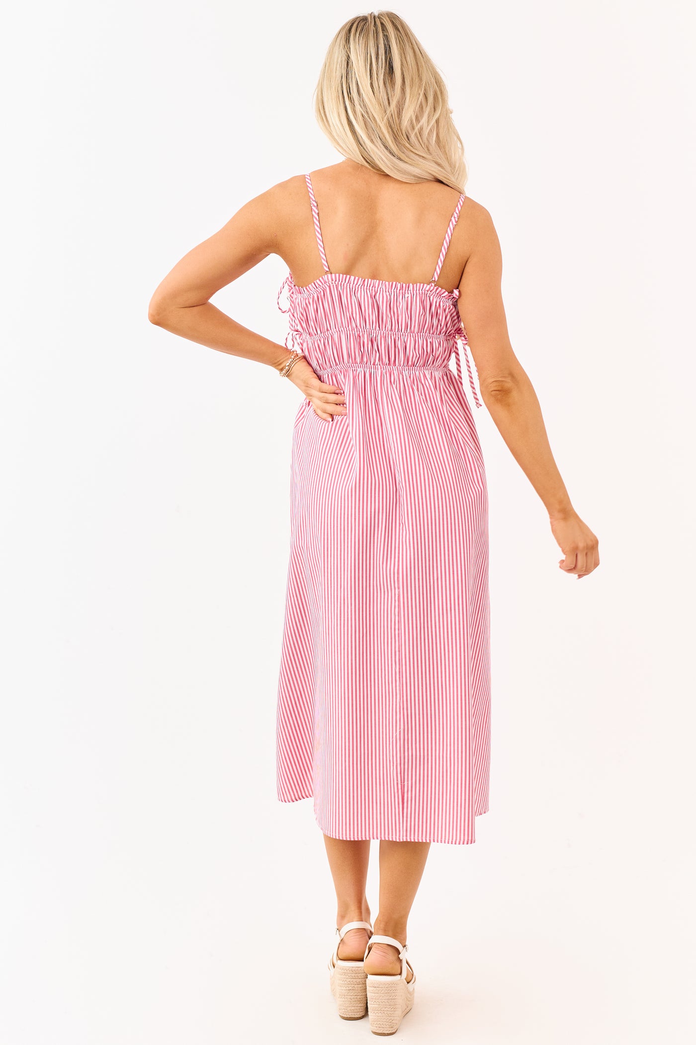 Crimson and Off White Striped Cotton Midi Dress