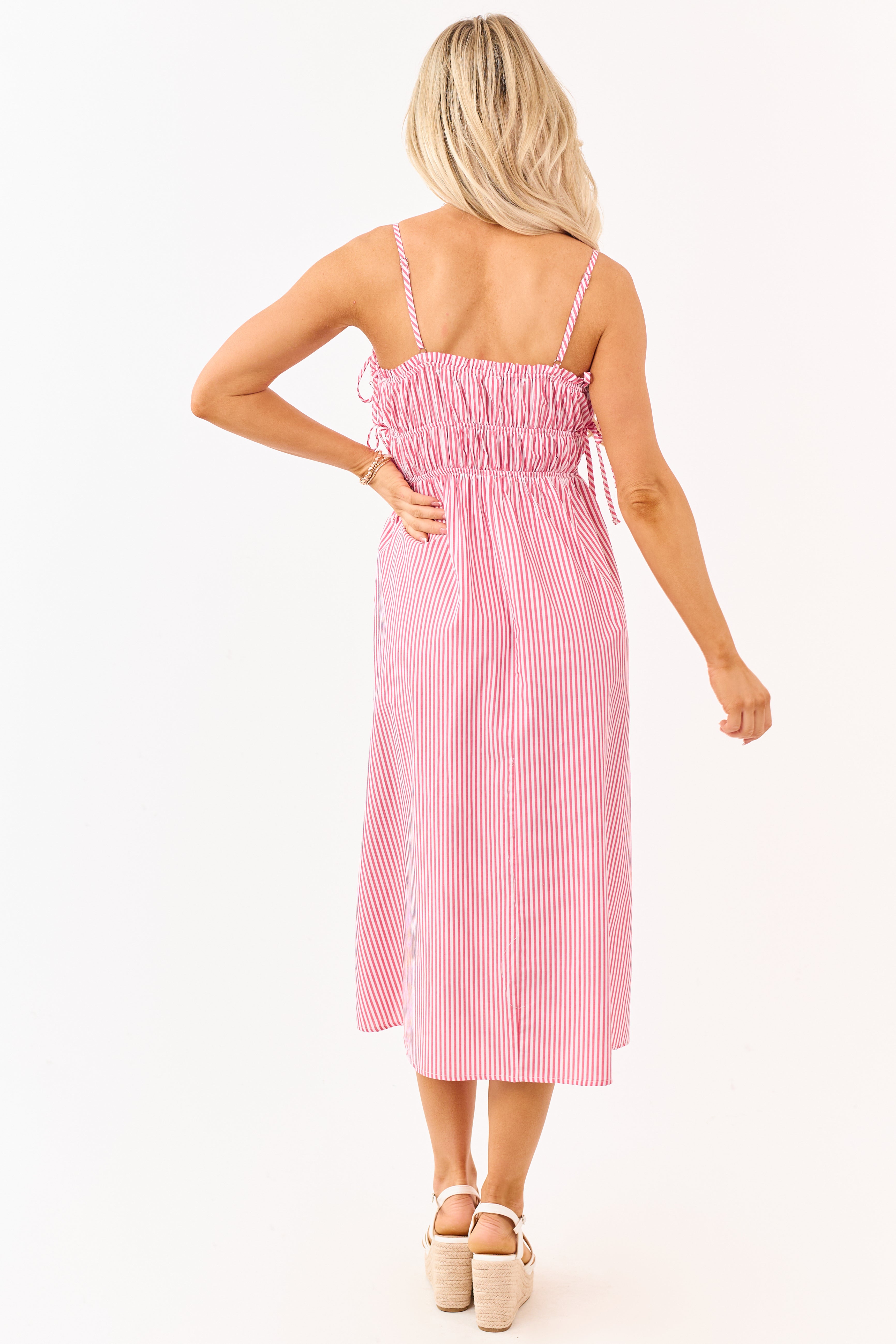 Crimson and Off White Striped Cotton Midi Dress