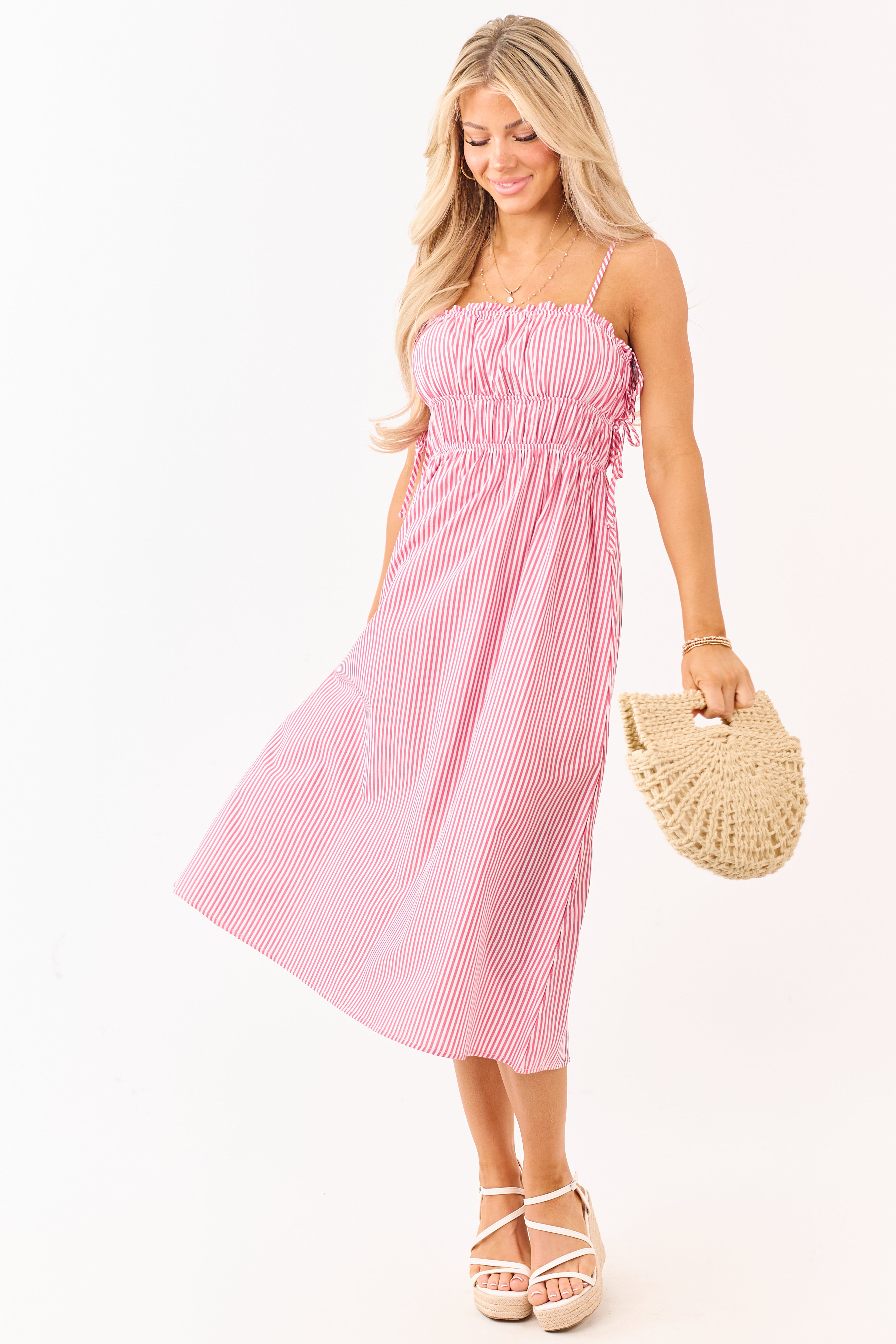 Crimson and Off White Striped Cotton Midi Dress