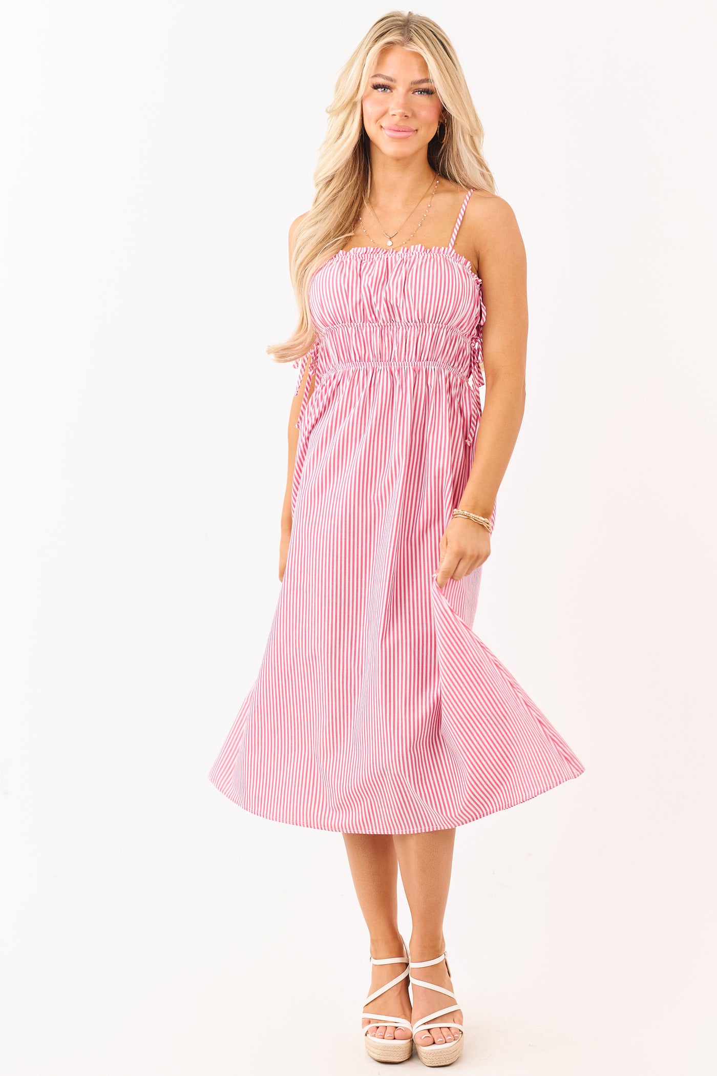 Crimson and Off White Striped Cotton Midi Dress