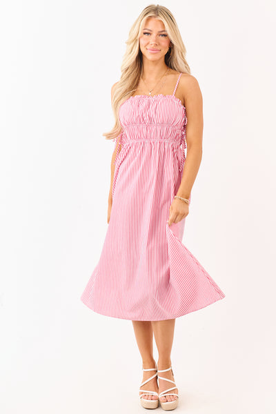 Crimson and Off White Striped Cotton Midi Dress