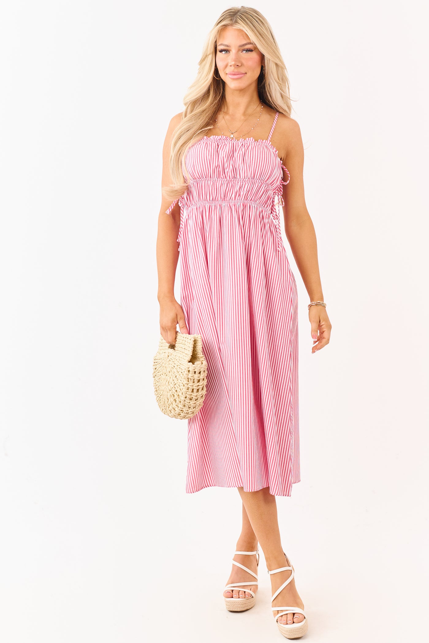 Crimson and Off White Striped Cotton Midi Dress