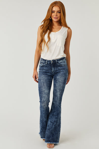 Dark Acid Wash Mid Rise Flare Jeans