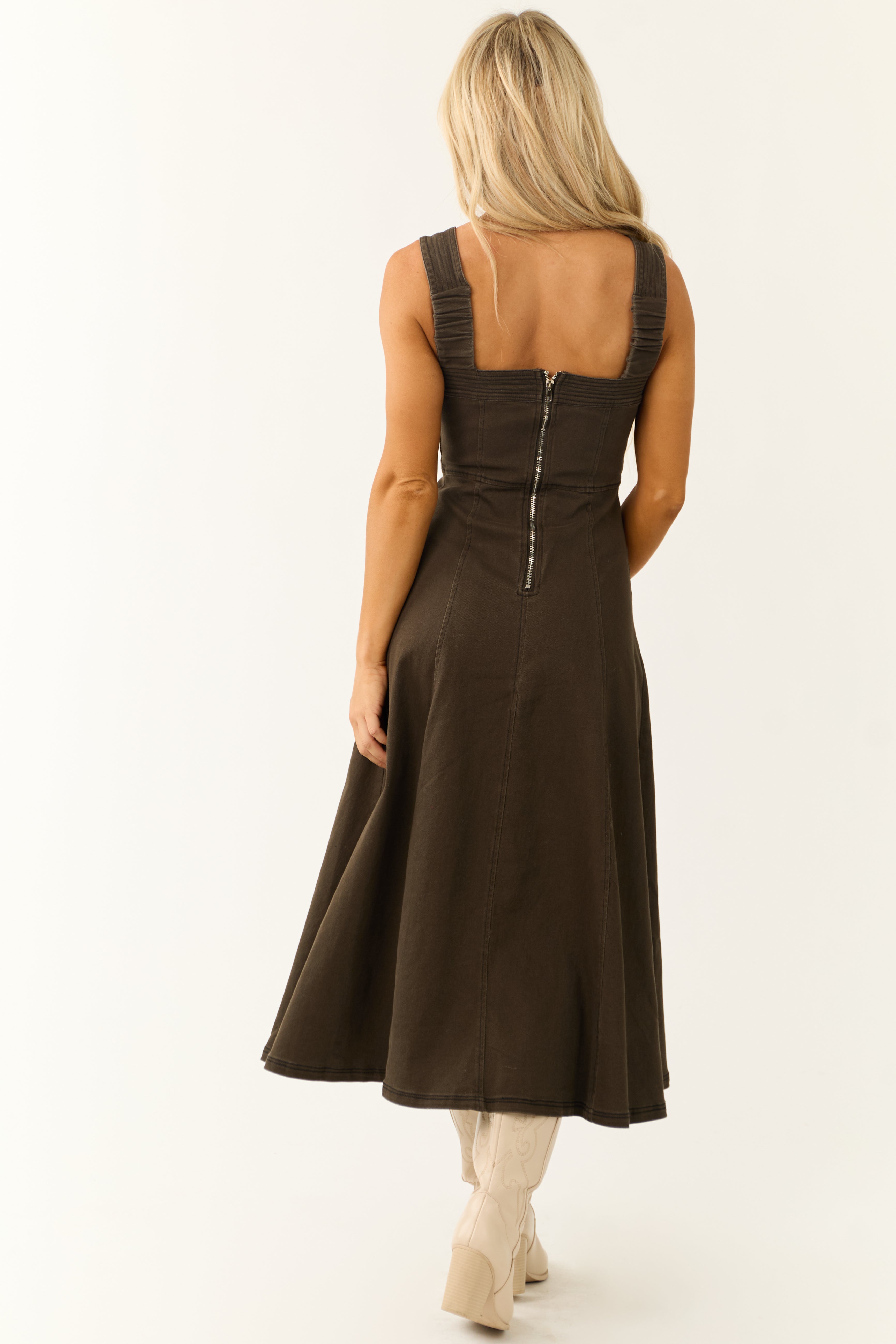 Dark Army Green Denim Thick Strap Midi Dress | Lime Lush Boutique