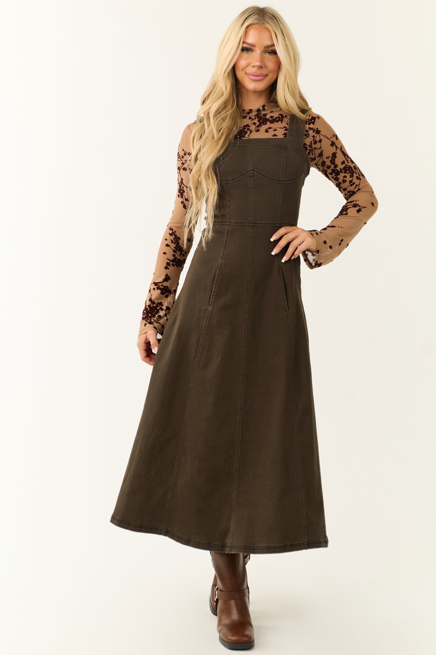 Dark Army Green Denim Thick Strap Midi Dress Dark Army Green Denim Thick Strap Midi Dress